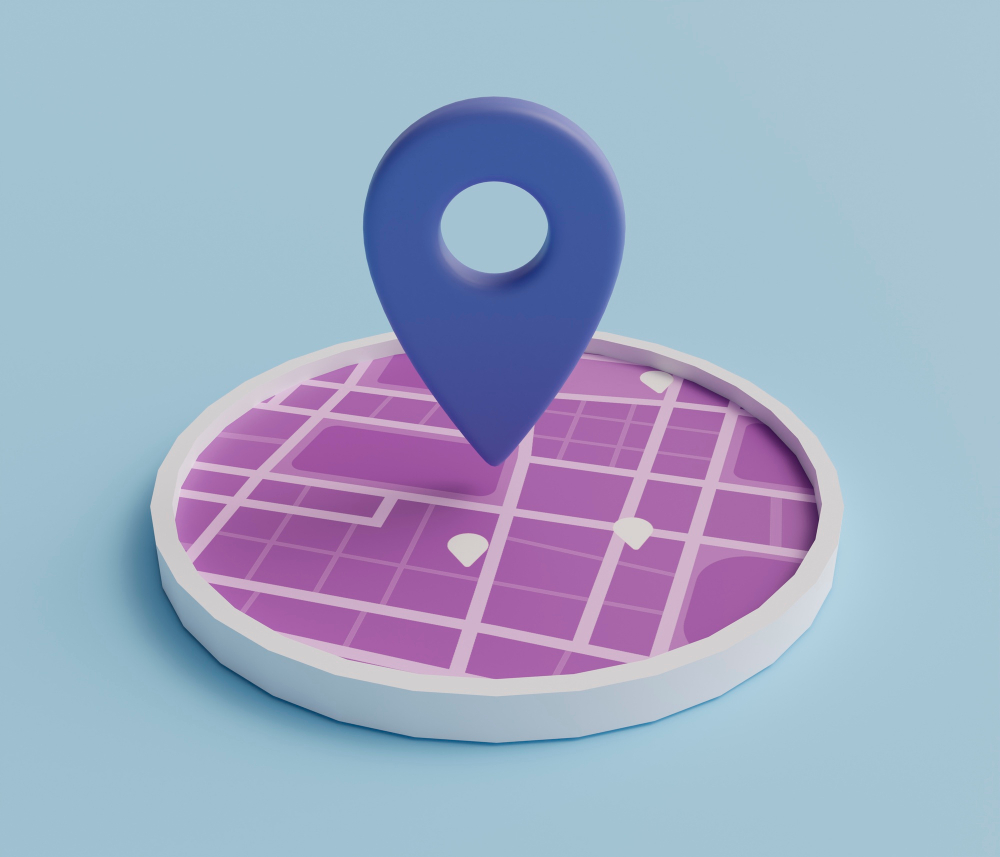 3D view of map with location pin.