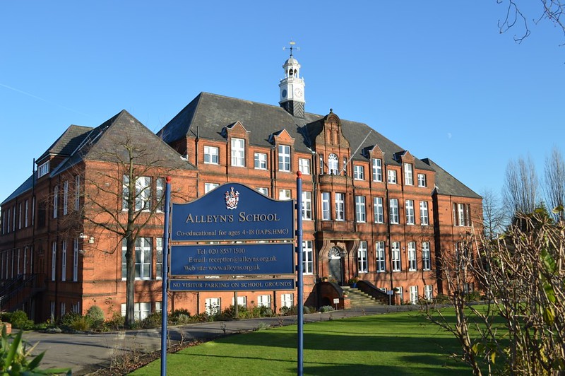 Front view of Alleyn’s School in London, historic private school building.