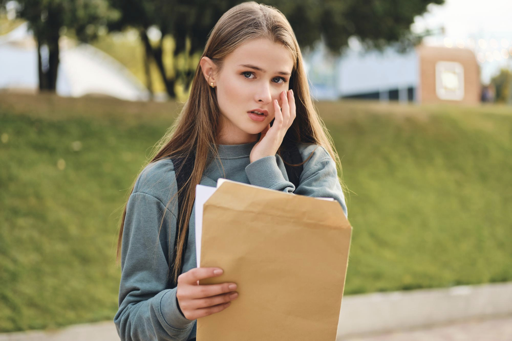 Teenage girl looking disappointed with hand on face, holding exam results and open exam results folder.